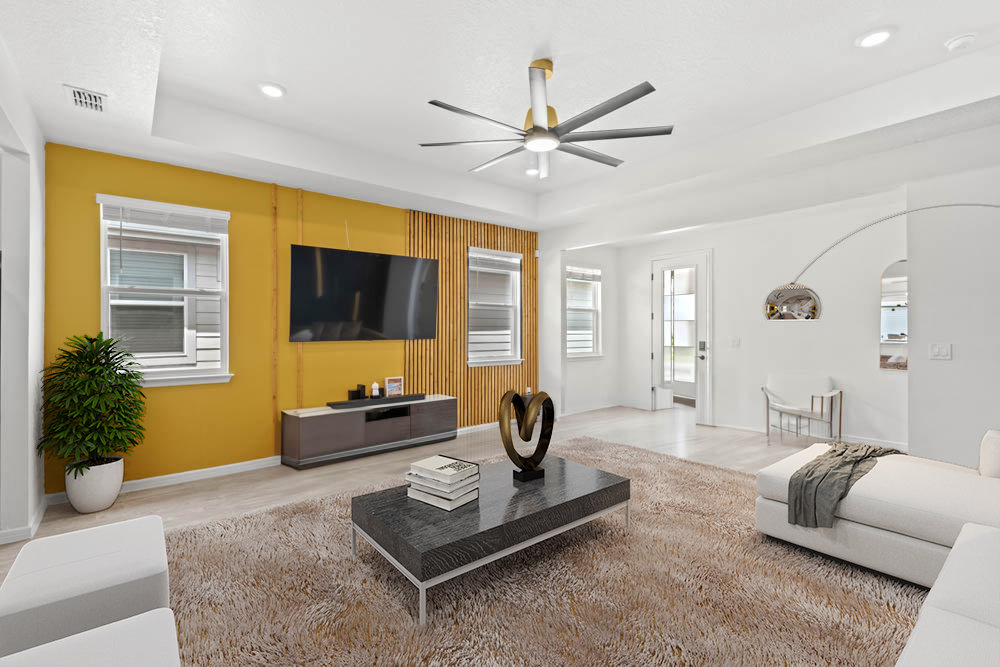living room with gold and white modern accents